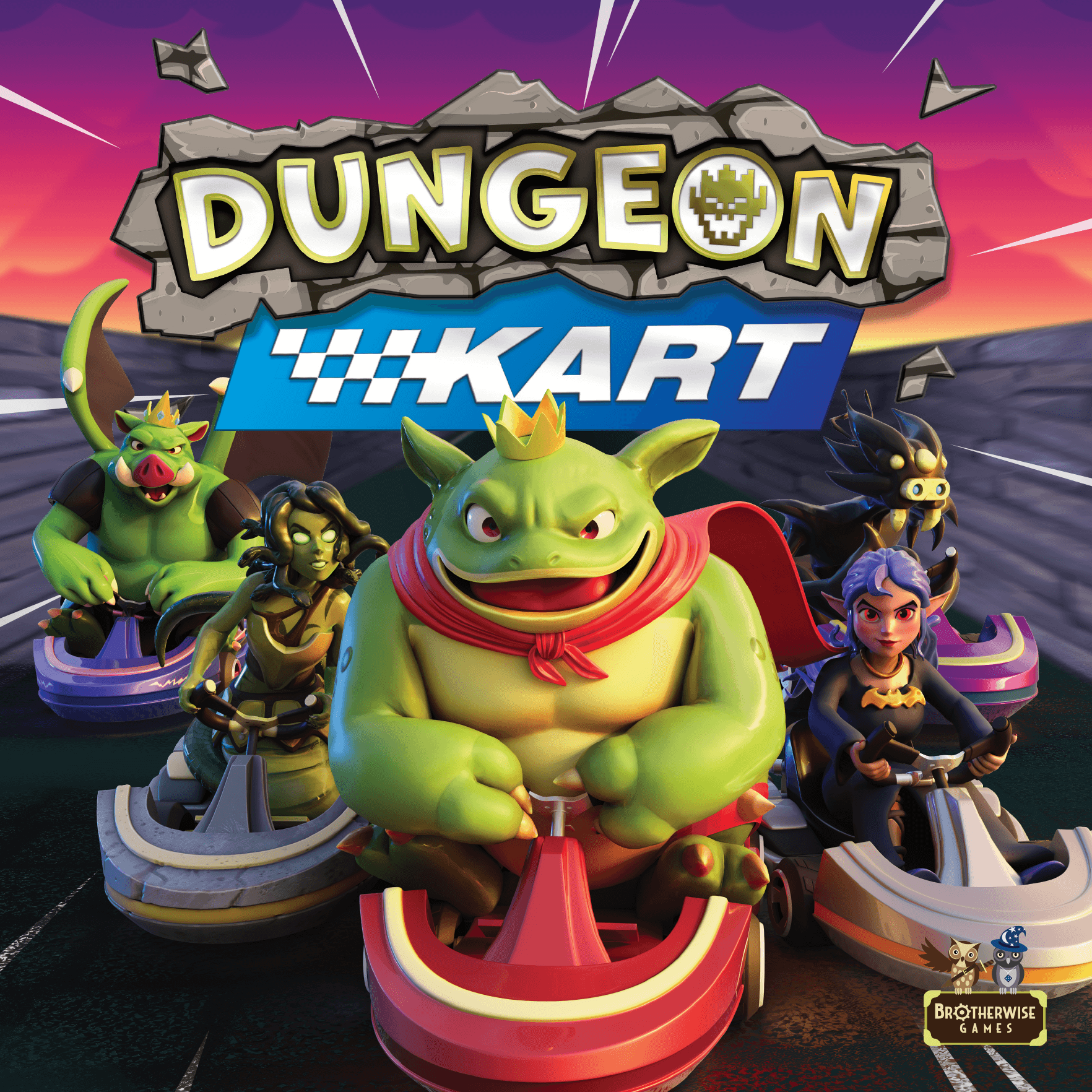 dungeon kart main image with the main boss monster in front driving a go kart.