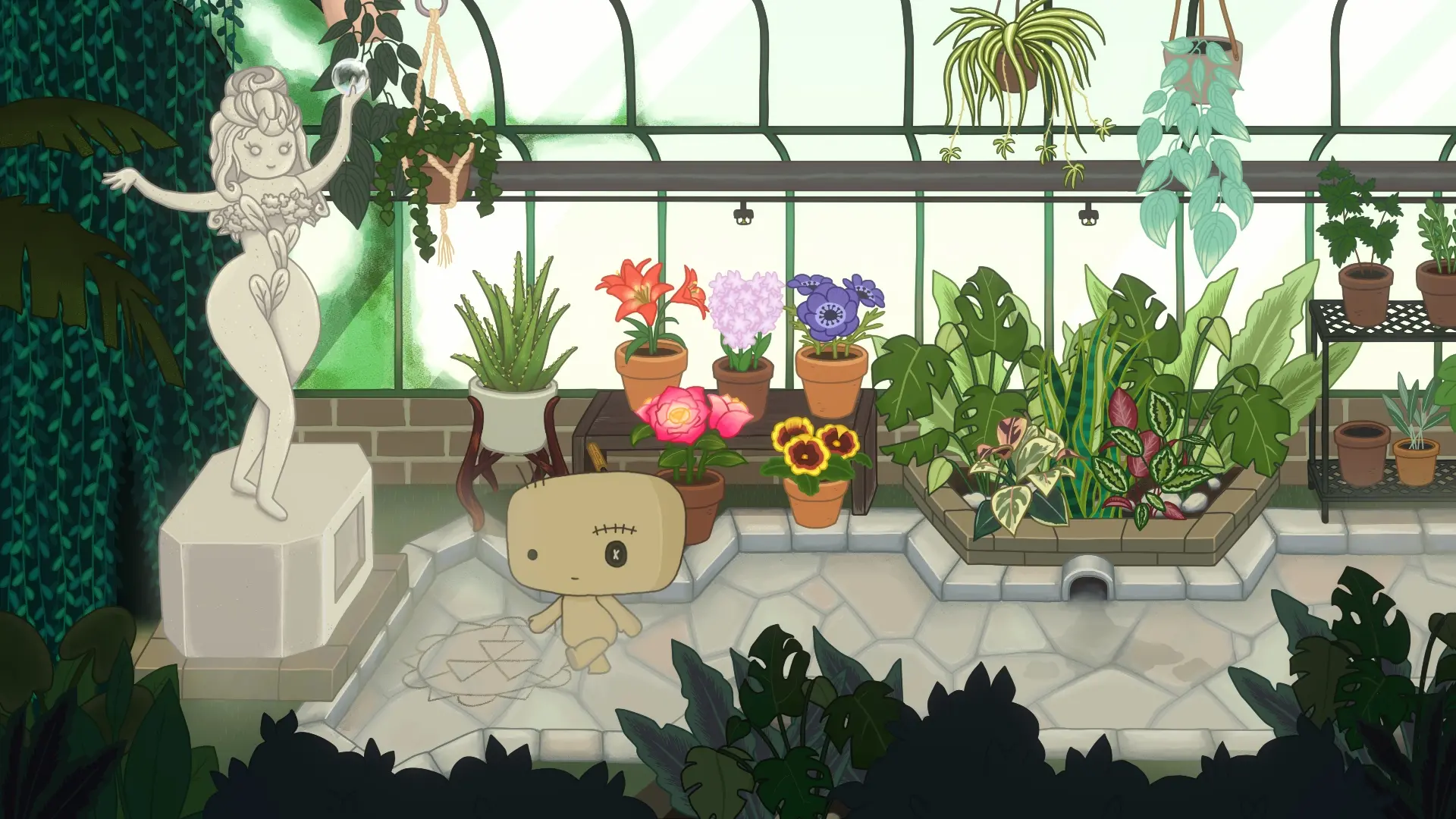 Image from CLeM where the main character is in a greenhouse standing in front of a statue