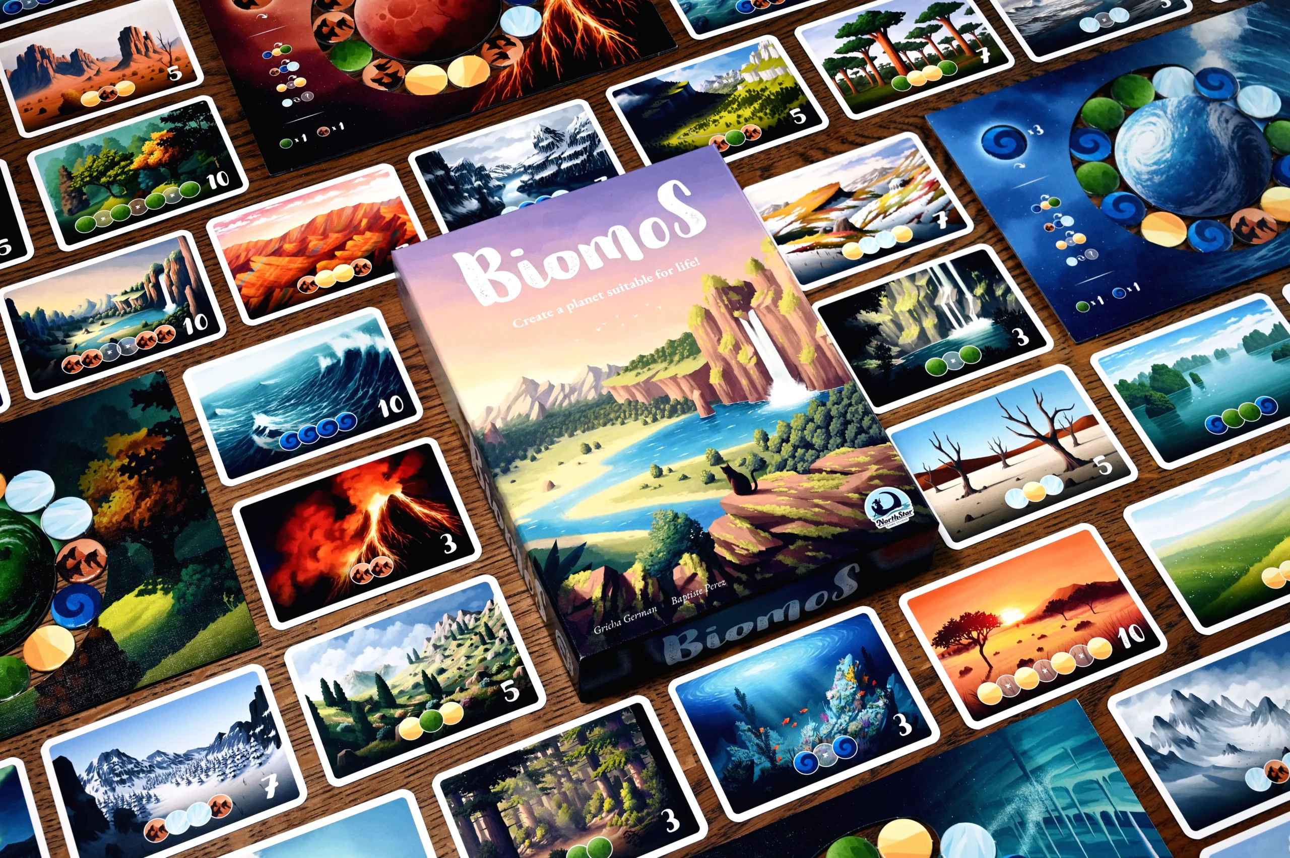 Biomos board Game Photo with box and main components and cards