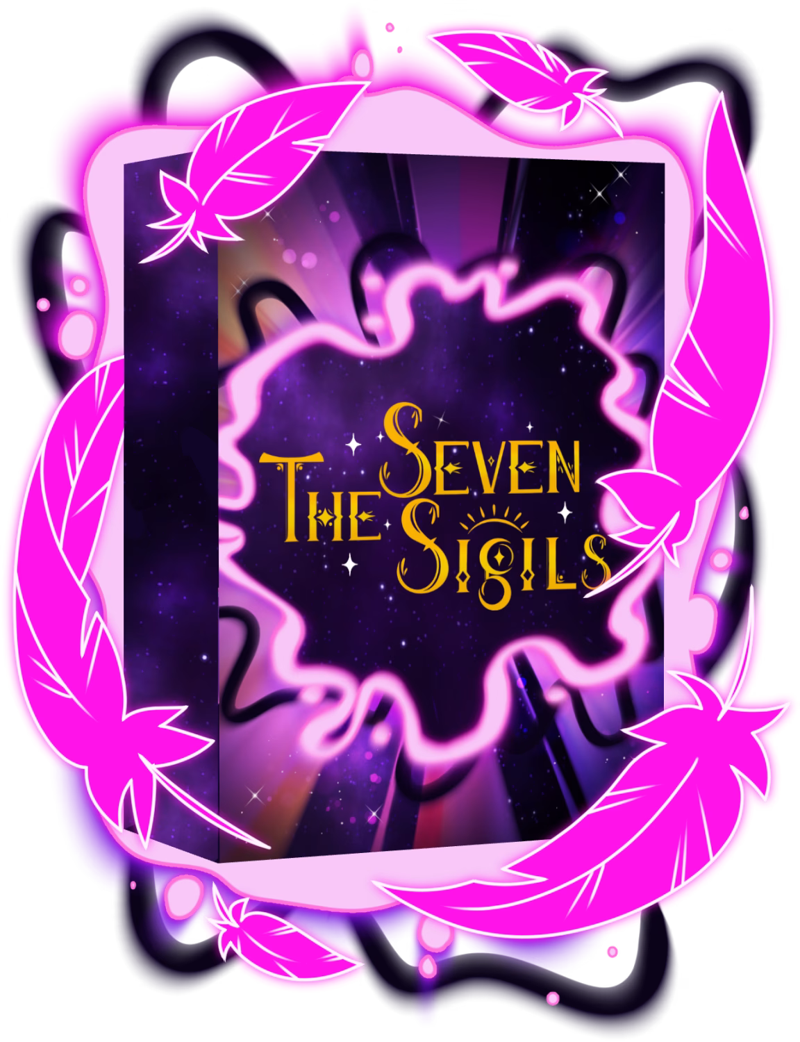 Helluva Boss Seven Sigils Box Art. Bright pink energy flows around a board game box